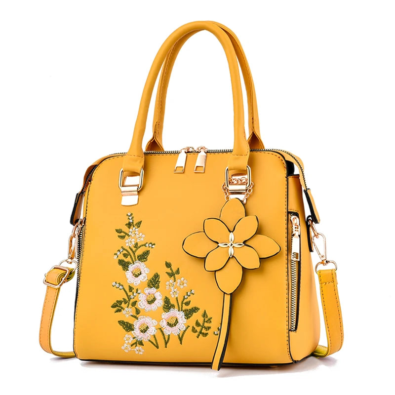 Bolsa feminina com detalhe floral, com zíper, na moda para trabalho, bolsa tiracolo casual.